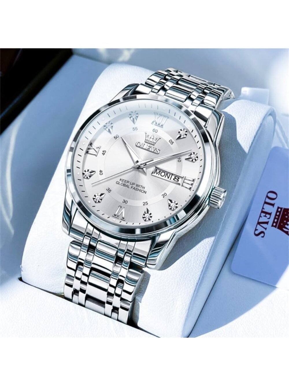 Mens Silver White Stainless Steel Waterproof Roman Numbers Diamond Classic Watch - Picture 3 of 5